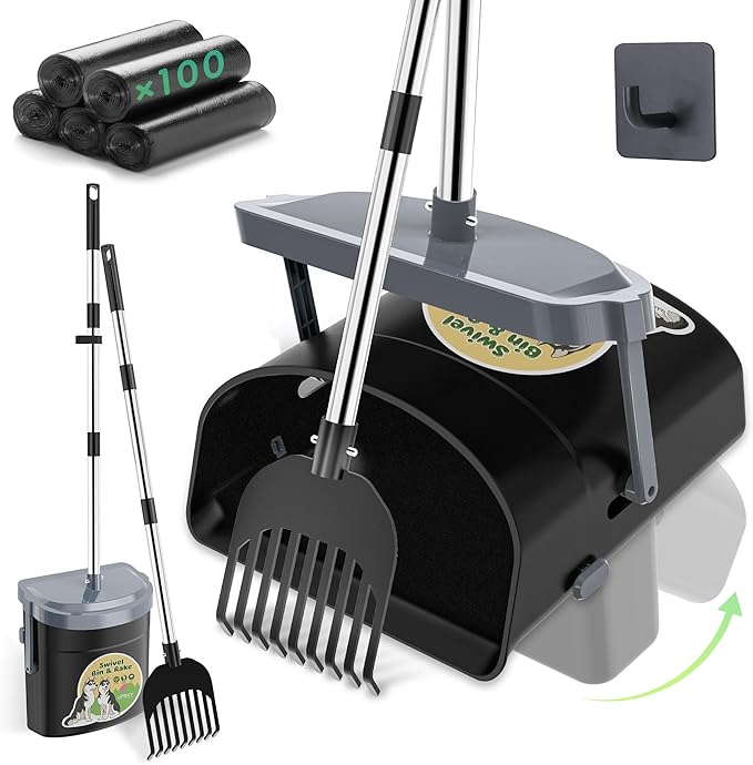 UPSKY Dog Pooper Scooper Swivel Bin & Rake Kit with 100 Waste Bags,33.4" Stainless Steel Long Handle Heavy Duty Pet Poop Shovel for Large Medium Small Dogs, Odor-Proof Lid for Yard/Lawn/Outdoor Use-Mewly Pet