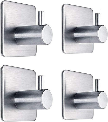 Adhesive Towel Hooks Heavy Duty Wall Hooks Waterproof Stainless Steel Hanger for Hanging Coat, Hat, Towel Robe Hook Rack Wall Mount- Bathroom and Bedroom 4-Packs