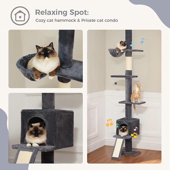 PEQULTI Floor to Ceiling Cat Tree, Tall Cat Tower, Adjustable Height (83''-108'') 5 Levels Climbing Tree for Indoor Cats with Cat Condo, Cozy Hammock and Scratching Post, Smoky Grey-Mewly Pet