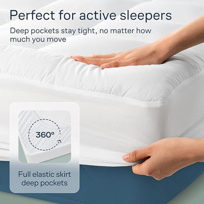 Cloud-Like King Mattress Topper - 100% Cotton Top Mattress Pad for Back Pain Relief - Breathable & Naturally Cooling for Hot Sleepers, White