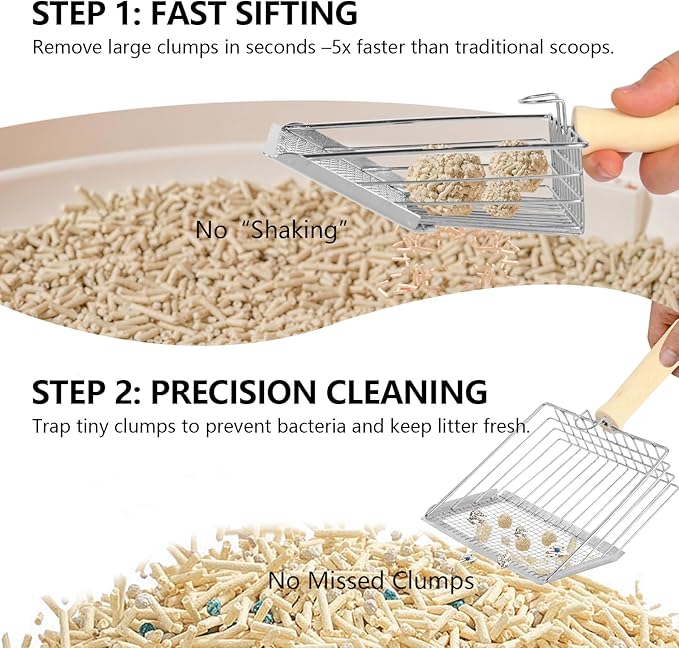 Litter Scooper, Metal Litter Scoop, Pooper Scooper with Wooden Handle, Cat Litter Scoop, Metal Scooper & Speed Sifter Deep Shovel Scoop Filter,Kitten Pooper Lifter for Litter Box-Mewly Pet