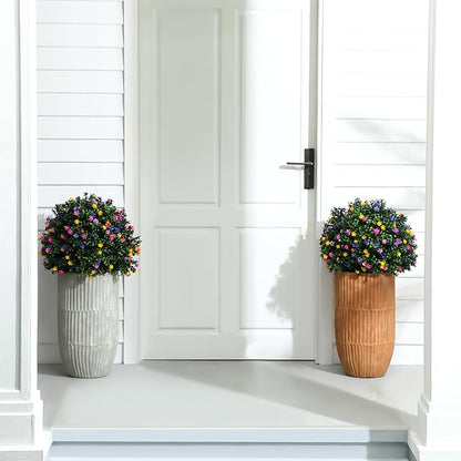 Yunlly Set of 2 Artificial Boxwood Topiary Ball Tree Fake Bushes Shrubs Outdoor Faux Plant with Ground Spike Flowers UV Resistance Greenery for Front Porch Garden Patio Indoor(Multicolor,27x18inch)
