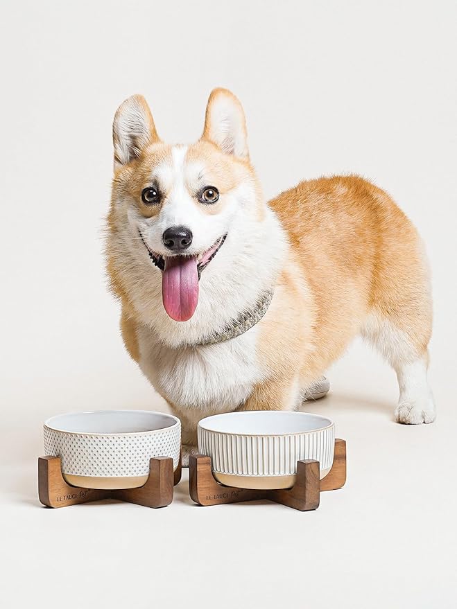 Ceramic Dog Bowls for Medium Small Dogs - 4 Cup Medium Dog Food and Water Bowls with Wood Stand, Cute Pet Dishes Set of 2, Lines+Dot-Mewly Pet