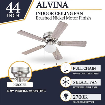 Prominence Home Alvina Traditional 44 Inch Ceiling Fan with Light, LED Flush Mount Ceiling Fan, Indoor Fan with 5 Blades, Gray Oak and Brown Walnut Blade Finish Options, Satin Nickel (51585-01)