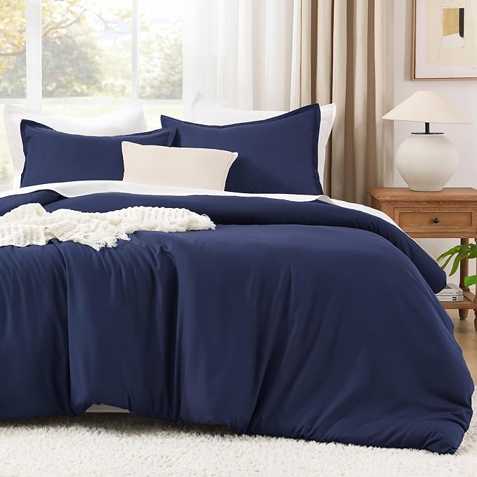 Litanika Navy Blue Comforter Set King Size, 3 Pieces Lightweight Solid Bedding Comforter Set, All Season Fluffy Bed Set (104x90In Comforter & 2 Pillowcases)