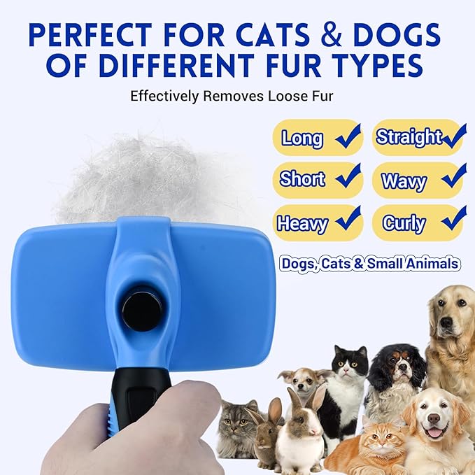 Large Self Cleaning Deshedding Brush for Dogs & Cats - One Button Hair Release Grooming Tool, Gentle Massage Brush for Long and Short Hair (Blue)-Mewly Pet