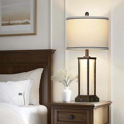 27in Tall Farmhouse Table Lamp with USB C+A & Outlet,Bronze Industrial End Table Lamp for Living Room,Vintage Rustic Bedside Lamp with Night Light for Bedroom Nightstand,Single Bronze