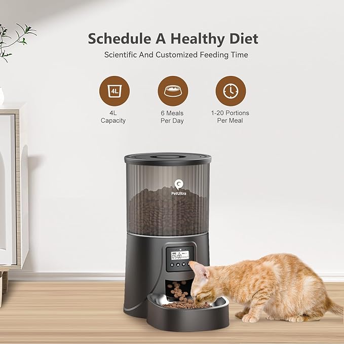 Automatic Cat Feeder: 4L Timed Cats Food Dispenser Programmable 1-6 Meal for Cat and Small Medium Dog- Auto Pet Feeder Easy to Set Up Dual Power Supply with Desiccant Bag| Detachable Washable-Mewly Pet