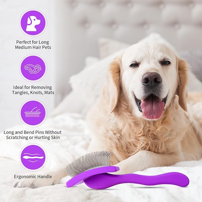 Dog Slicker Brush for Shedding and Grooming Medium or Long Haired Cats, Extra Long & Soft Pin Slicker Brush for Removes Loose Hair, Tangles, Knots, Undercoat, Free Pet Comb, Large Purple-Mewly Pet