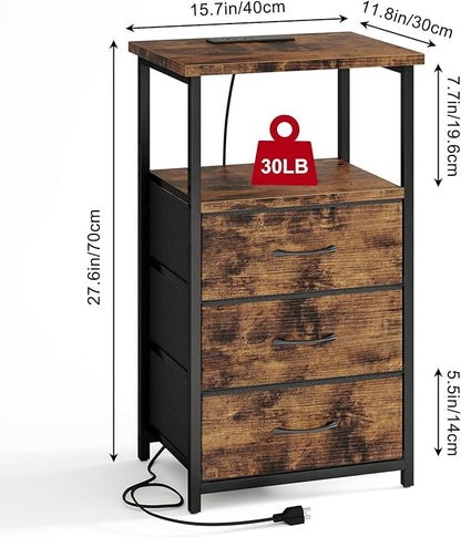 Fixwal Night Stand with 3 Fabric Drawers, Nightstand for Bedroom, Bedside Table with Charging Station End Table with Storage, Rustic Brown