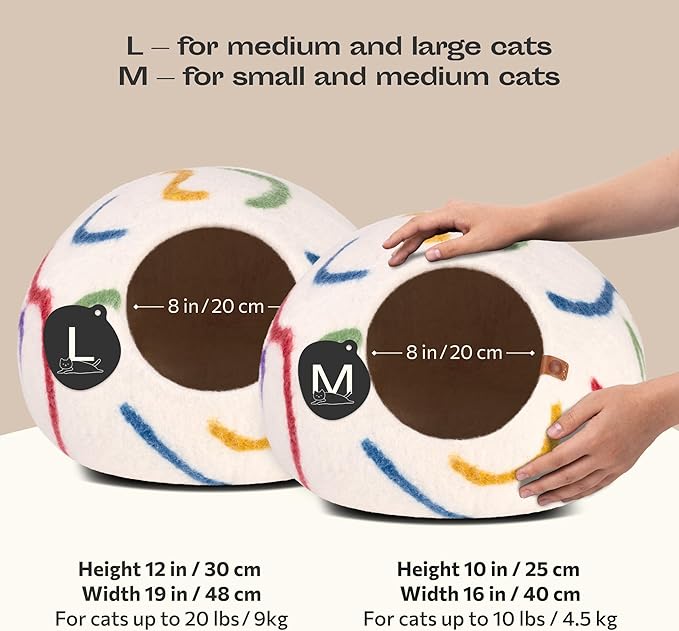 MEOWFIA Cat Cave – Premium Felt Cat Bed for Indoor Cats, Handmade 100% Merino Wool (Large, Ivory Rainbow)-Mewly Pet