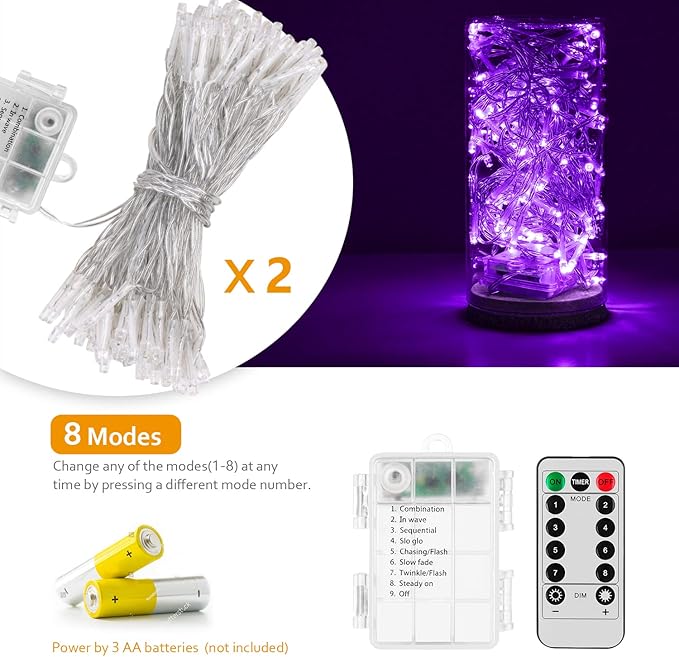String Lights, 2 Pack Battery Operated String Lights with Remote Timer Waterproof 8 Modes String Lights for Bedroom,Garden,Party,Xmas Tree Indoor Outdoor Decorations (Purple, 36)