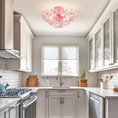 WUZUPS Crystal Chandelier Flushmount Ceiling Light Modern Lighting Fixture for Bedroom Hallway Bar Kitchen Bathroom, H 8.9" x W 17.7", Pink, E12 Base