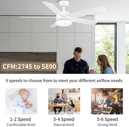 YUHAO 52 Inch White Ceiling Fan with Light and Remote Control.Noiseless,Dimmable,3CCT,6 Speeds Reversible, DC Ceiling Fans for Indoor or Covered Outdoor