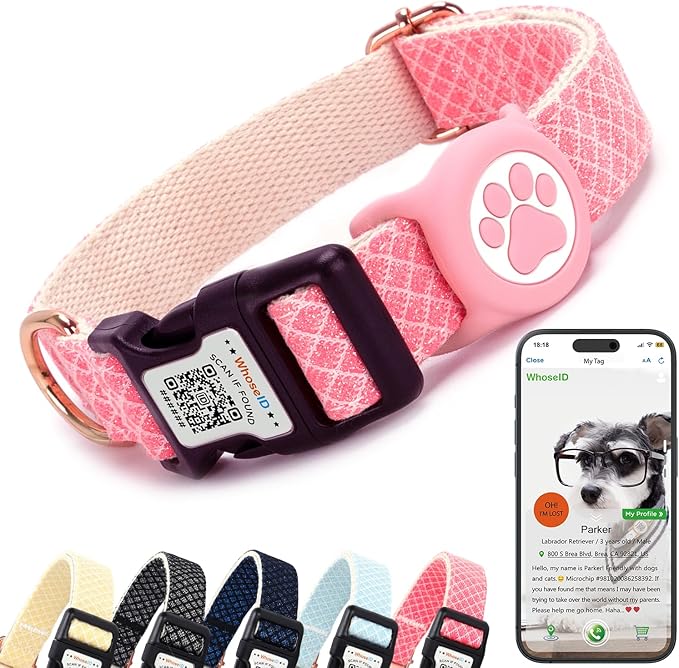 Dog Collar with Waterproof AirTag Holder & Anti-Lost QR Code, Cute Bling Warpping Adjustable Width for Small Medium Large Pet (Red, M)-Mewly Pet