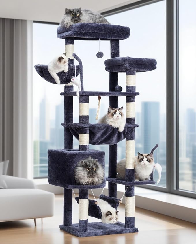 Cat Tree, Cat Tower for Large Cats with 2 Big Platforms, 2 Baskets, condo and Toys, 63" Cat Scratching Posts for Indoor Cats, Smoky Gray GCT020G-Mewly Pet