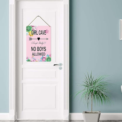 Wood Girl Cave Sign, 8x12 Inch, No Boys Allowed for Girl Bedroom Decor