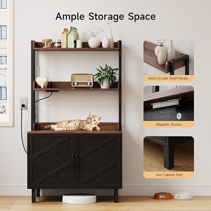 55 Inches Cat Litter Box Enclosure, Hidden Litter Box Furniture with 2 Storage Shelves and Charging Sockets, Wooden Cat House, Large Indoor Cabinet for Living Room & Entryway, Black-Mewly Pet
