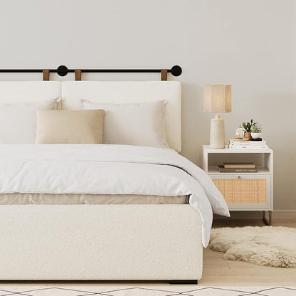 Nathan James Charlie Wall Mount Hanging Headboard, King, White Boucle with Brown Faux Leather Straps
