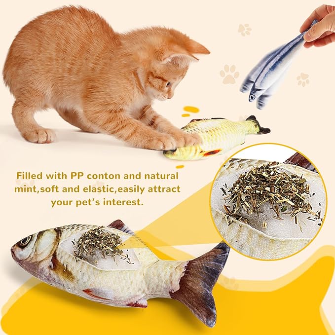 Catnip Toys 5 Pack - Simulation Fish Shape Realistic Fluffy Catnip Doll Interactive Pets Pillow Chew Bite Supplies for Cat Kitten Kitty-Mewly Pet