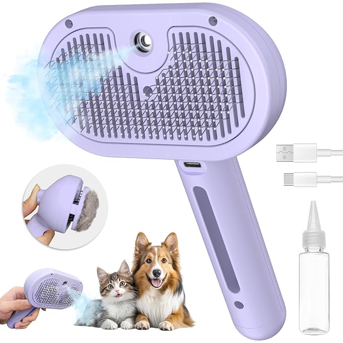 3-in-1 Self-Cleaning Brush for Shedding Dogs and Cats - Removes Static, Tangles, and Loose Hair (Purple)-Mewly Pet