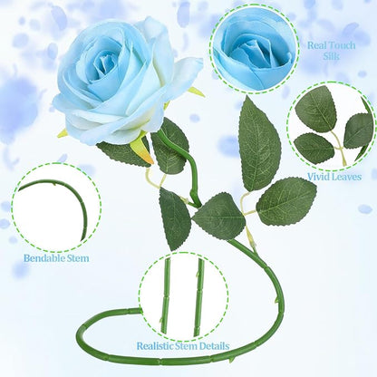68 Pcs Ice Blue Artificial Roses Fake Flowers,Silk Flowers with Stems for DIY Wedding Bridal Shower Centerpieces Arrangements Tables Decorations