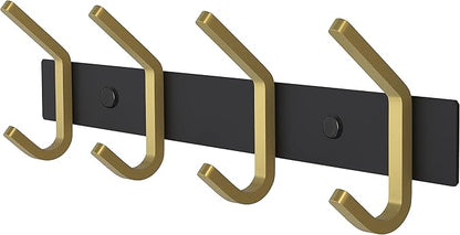 Coat Rack Wall Mount – Black and Gold Hook Rail with 4 Double Coat Hooks, 12 Inch Stainless Steel Wall Hooks for Entryway, Bathroom, Bedroom, Closet, Towel, Hat, Bag, Heavy Duty Organizer