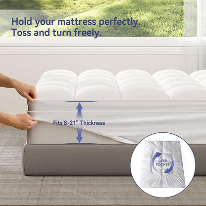 ELEMUSE Full XL Mattress Topper for Back Pain, Extra Thick Mattress Pad Cover, Plush Soft Pillowtop with Elastic Deep Pocket, Overfilled Down Alternative Filling