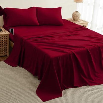 DREAMCARE Queen Sheet Set – 4 pcs Cooling Sheets – up to 21” Extra Deep Pocket Queen Sheets – Hotel Luxury Sheets & Pillowcases – Superior Softness 100% Fine Microfiber with Side Pocket – Burgundy