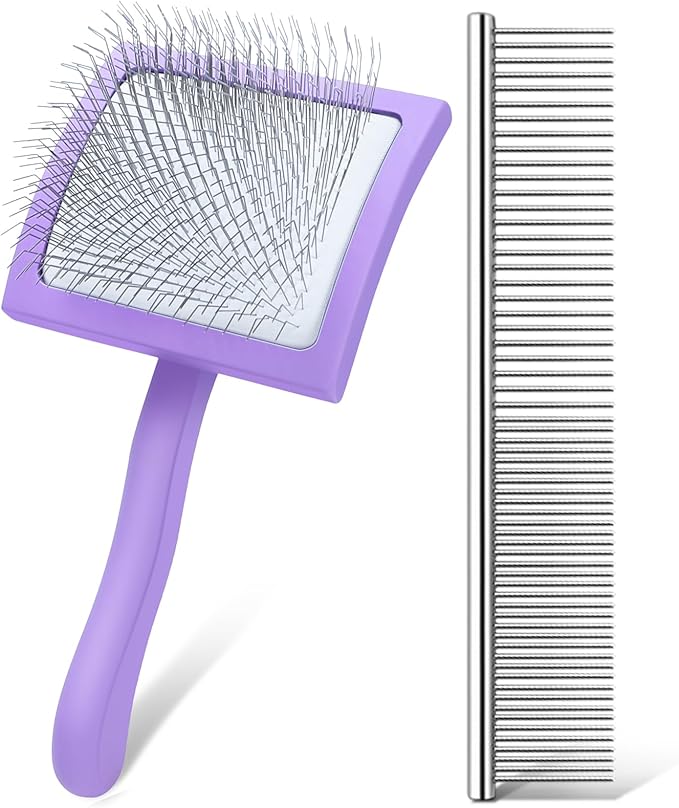 Slicker Brush for Dogs, Long Pin Dog Grooming Brush for Goldendoodles, Poodles, Doodles & More, Includes Bonus Pet Comb, Perfect for De-Shedding, Dematting & Reducing Tangles. Large, Purple-Mewly Pet