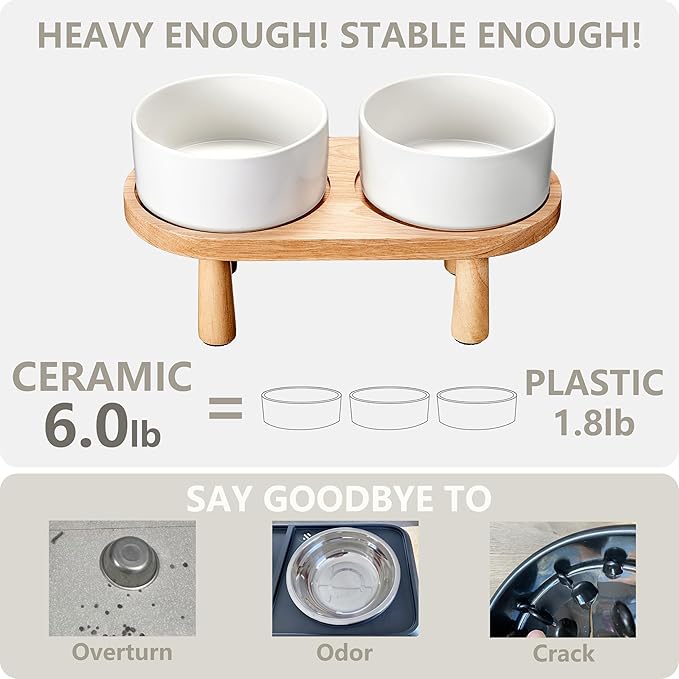 Ceramic Elevated Dog Bowls, Pet Food and Water Bowl Set for Medium and Small Dogs, 3.5 Cups Dog Bowls Raised with Wood Stand, 29OZ, White-Mewly Pet