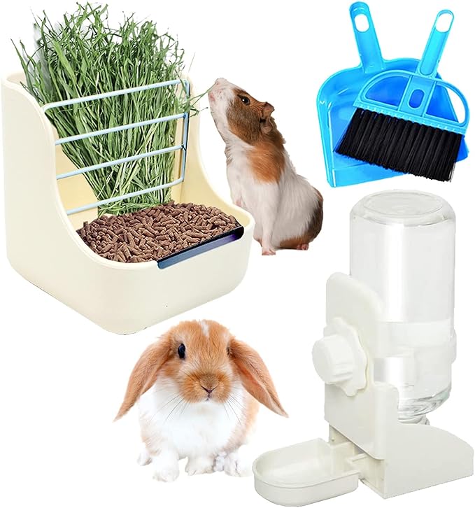 HERCOCCI Rabbit Hay Food Bin Feeder and Bunny Water Bottle Set, Hay Food Feeder Bowls Manger Rack with 500ml Hanging Water Dispenser Prevent Knock Over for Rabbit Guinea Pig Chinchilla (Large, White)-Mewly Pet