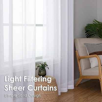 OVZME Sheer White Curtains 108" Inch Length 2 Panels Set, Light Filtering Soft Rod Pocket Voile White Drapes for Living Room/Bedroom, Each 42" W x 108" L