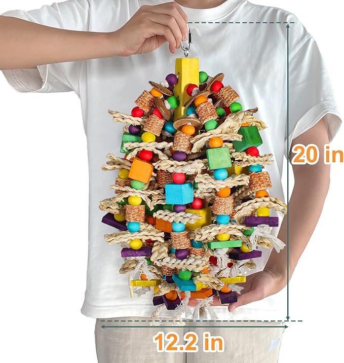Medium Large Parrot Toys 20in Chewable Bird Toy with Coconut Shell, Poplar Wood, Corn Cob, 112 Schima Wood Beads Bird Shredding Toys Parakeet Macaw Cockatiel Conure African Grey Parrot Gifts-Mewly Pet