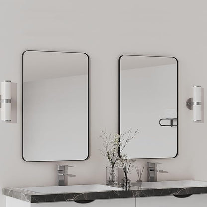 VocalStar Black Metal Framed Bathroom Mirror for Wall, 16 x 24 Inch Rounded Rectangle Matte Black Bathroom Vanity Mirror Farmhouse, 1/4-inch Shatterproof Glass | Ultra-Flush Hanging