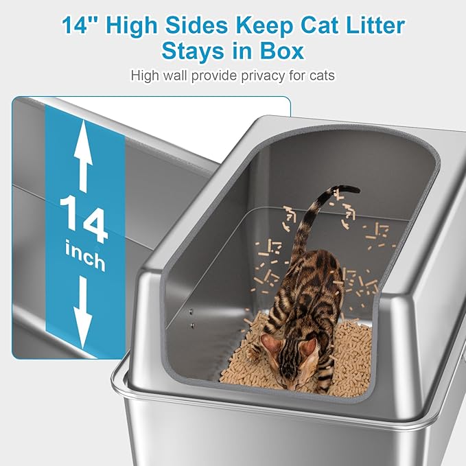 14'' High Sides XXL All Stainless Steel Cat Litter Box with Lid,XL Deep Metal Litter Box for Big Cats,Extra Large Litter Boxes with High Wall Enclosure,Anti-Leakage,Never Absorbs Odors,Non-Sticky-Mewly Pet