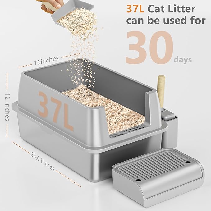 Stainless Steel Cat Litter Box with Lid, XL Extra Large Litter Box for Big Cats, Enclosed Removable Metal Litter Boxs with High Sided Enclosure & Scoop, Anti-Leakage, Non-Sticky, Easy Cleaning(Grey)-Mewly Pet