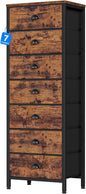 Furnulem Bedroom Dresser with 7 Drawers,Tall Industrial Fabric Chest of Drawers, Vertical Storage Tower Bedside Furniture in Living Room,Closet,Entryway-Sturdy Steel Frame(Rustic Brown)
