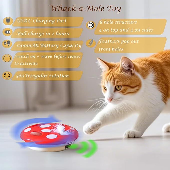 Interactive Cat Toy Automatic Mushroom - Whack-a-Mole Game with Rotating Feathers for Indoor Cats, Hide & Seek Rechargeable Toys Boredom Relief Adult Kittens, Safe Chew Proof Design (Red)-Mewly Pet