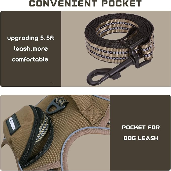No Pull Dog Harness for Large Dogs, Adjustable No Choke Pet Vest with Dog Leash Fit Smart Reflective Pet Walking Harness for Training Easy Control Soft Handle Brown L-Mewly Pet