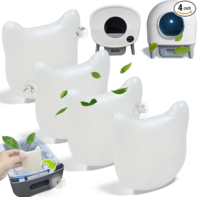 NewKe 4 Pack Deodorizer for Cumrige Self Cleaning Litter Box, Odor Eliminator Compatible with Fumoi Automatic Cat Litter Box, Cute Cat Shaped Design with Camellia Flower Scent, Fragrance Refills-Mewly Pet