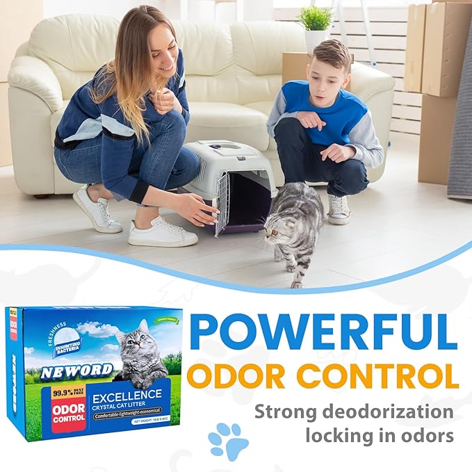 NEWORD Crystals Cat Litter Superior Odor Control 14 lbs Total (2 Pack of 7lb Bags) Soft-On-Paws Low Tracking Dust-Free White Silica Gel, Unscented-Mewly Pet