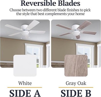 Prominence Home Benton Traditional 52 Inch Ceiling Fan with Light, LED Flush Mount Ceiling Fan, Indoor Fan with 5 Blades, White and Gray Oak Blade Finish Options, White (50852-01)