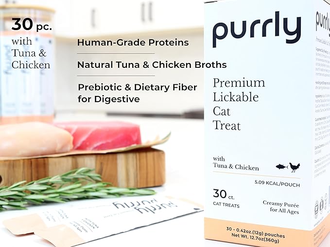 Purrly Cat Treat Topper Lickable Wet Squeezable Healthy Human-Grade Tuna & Chicken Breast with Prebiotic and Dietary Fiber for Indoor Cats (30 Count) Grain-Free Non-GMO No-Preservatives-Mewly Pet