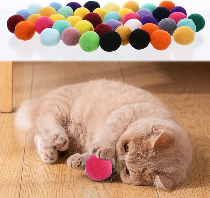 50PCS 1 Inch Cat Toys Balls Kitten Cat Pom Pom Balls Soft Cat Puff Ball Toys Rolling Interactive Cat Toy Ball Cat Nip Balls Fuzzy Balls for Cats Creative Crafts Decorations Assorted Color-Mewly Pet