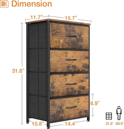 ODK Dresser for Bedroom with 4 Storage Drawers, Small Dresser Chest of Fabric Drawers with Sturdy Steel Frame, Wood Top, Vintage
