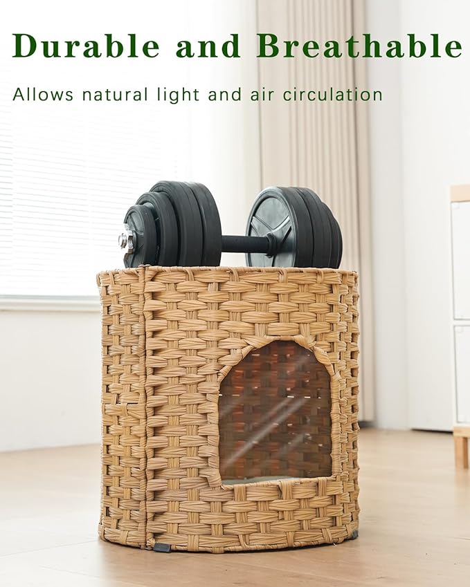 Cat House for Indoor Cat, Large Double Cat Houses Cat Bed Cave, Handwoven Rattan Pet Beds with One Soft Pad, 17 x 17 x 17 Inches Foldable Kitten Hideaway in Living Room Natural-Mewly Pet