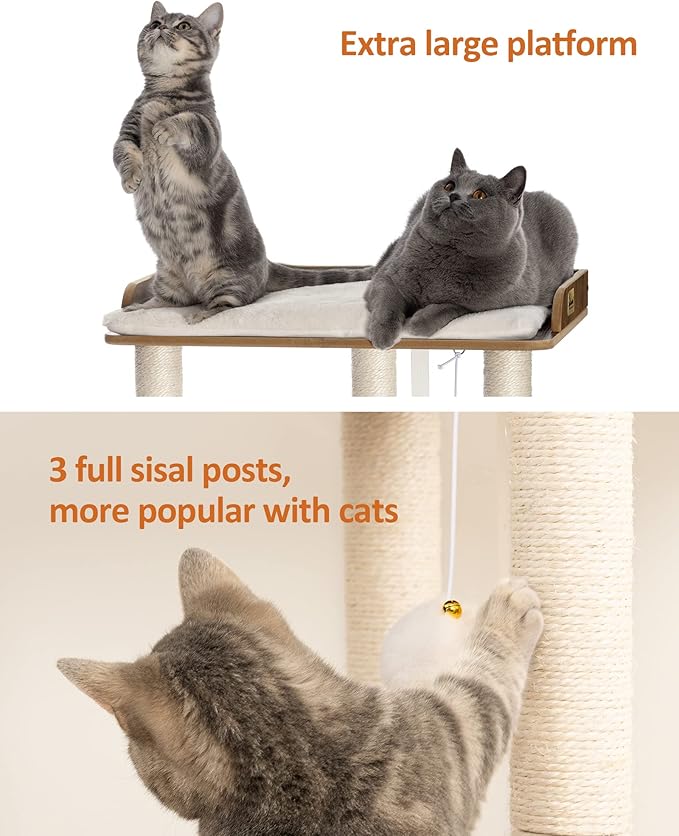 FourFurPets 26.7in Large Cat Tree Tower Condo, Cat Scratch Posts for Indoor Cats, Big Plate, Three 23.6in Full Sisal Scratching Posts, Rustic Brown-Mewly Pet