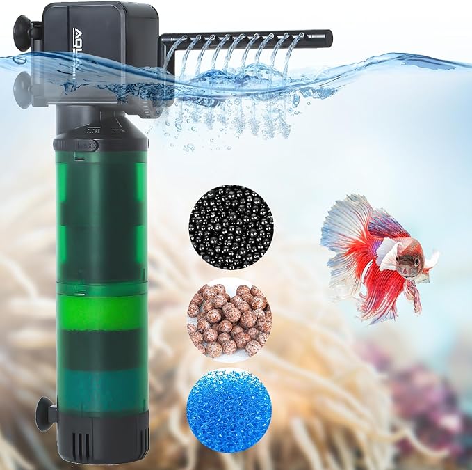 Oiibo 3-in-1 Adjustable Aquarium Filter for 40-150 Gallon, Internal Ceramic Balls&Bio-Sponges Power Water Filter with Air Tube, Silent Submersible Filter, 320GPH (Filter)-Mewly Pet
