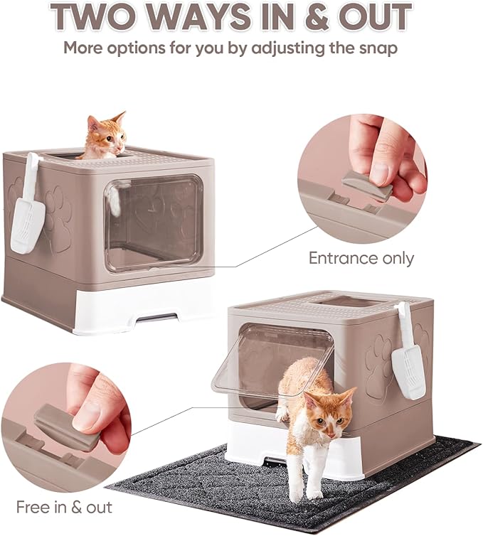 Cat Litter Box with X-Large Litter Mat and Scoop, Large Foldable Litter Box with Lid, Enclosed Kitty Box,Front Top Entry Exit, Odor Control Easy to Clean (Upgrade Coffee)-Mewly Pet